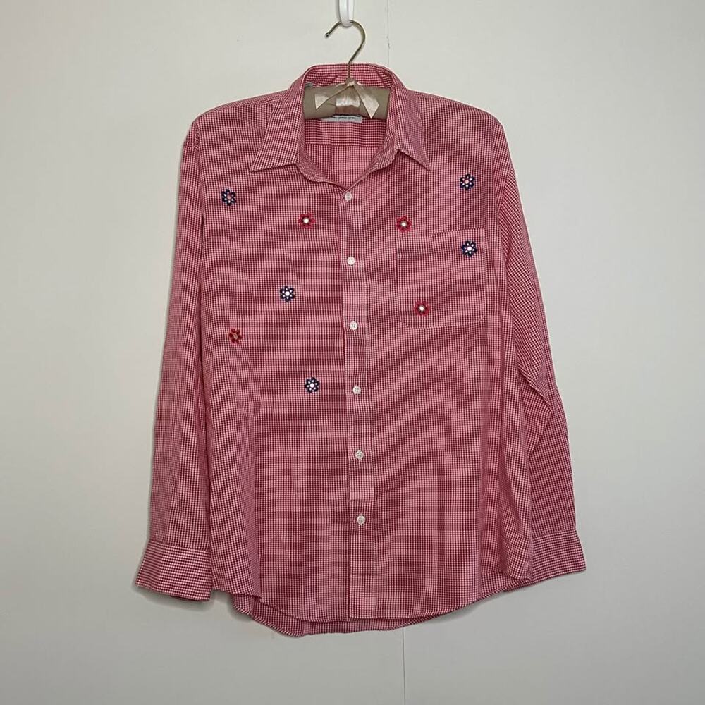 vintage red gingham with embroidered flowers button up by Mili Designs